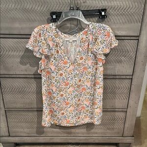 LOFT Floral Ruffle-Sleeve V-Neck Top in Cream, Coral, Green